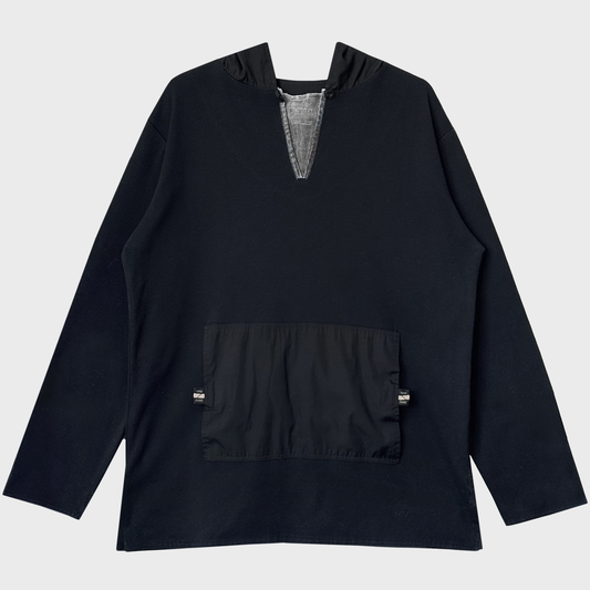 Fendi Jeans Navy Straight-cut Buttonned Hooded Sweatshirt With Nylon & Mesh Détails