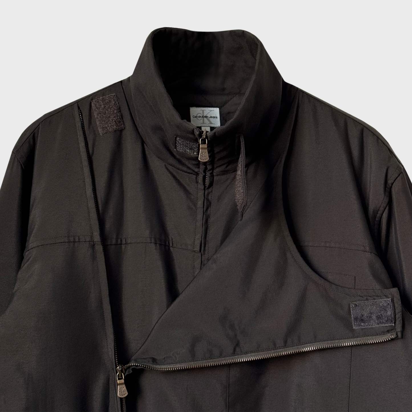 Calvin Klein Asymetrical Double Zipped &amp; Velcro Technical Brown Jacket